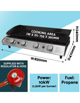 Dellonda 4 Burner Portable Gas Plancha 10kW BBQ Griddle, Stainless Steel