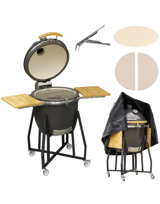 Dellonda Deluxe 22"(56cm) Ceramic Kamado Style BBQ Grill/ Oven/Smoker, Supplied with Stand, Castor Wheels & Accessories