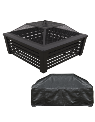 Dellonda 35" Square Outdoor Fire Pit, Mesh Screen Lid, Black with Water Resistant Drawstring Cover