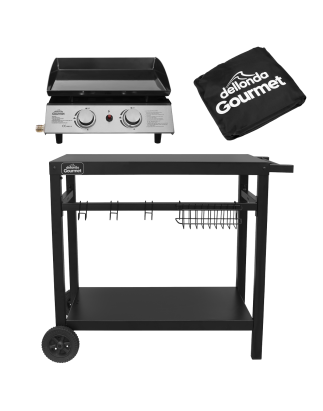 Dellonda 2 Burner Portable Gas Plancha 5kW BBQ Griddle, Stainless Steel, Supplied with Water Resistant Cover & Trolley