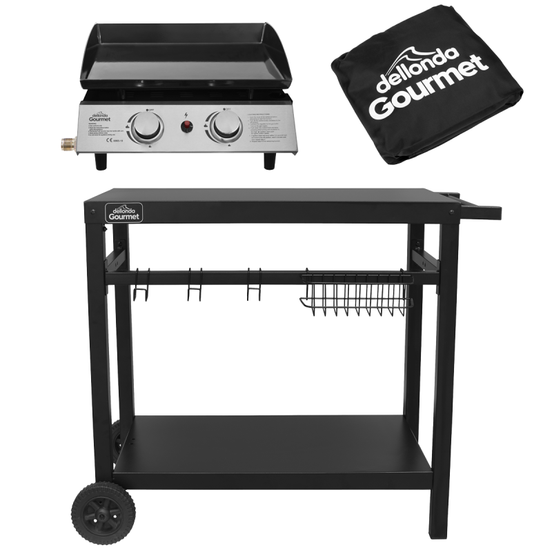 Dellonda 2 Burner Portable Gas Plancha 5kW BBQ Griddle, Stainless Steel, Supplied with Water Resistant Cover & Trolley