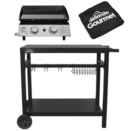 Dellonda 2 Burner Portable Gas Plancha 5kW BBQ Griddle, Stainless Steel, Supplied with Water Resistant Cover & Trolley