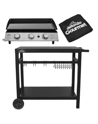 Dellonda 3 Burner Portable Gas Plancha 7.5kW BBQ Griddle, Stainless Steel, Supplied with Water Resistant Cover & Trolley