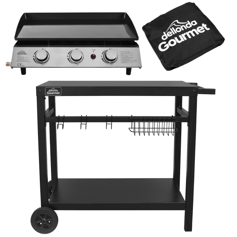 Dellonda 3 Burner Portable Gas Plancha 7.5kW BBQ Griddle, Stainless Steel, Supplied with Water Resistant Cover & Trolley