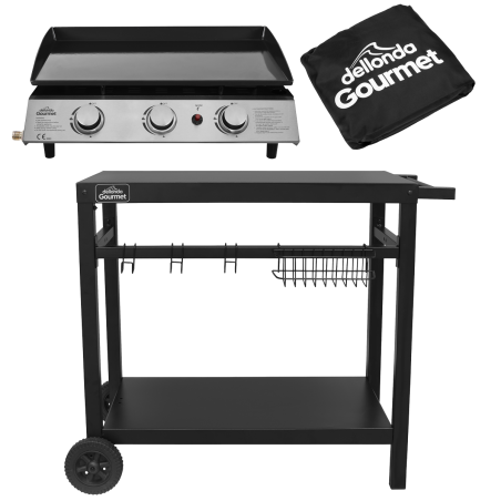 Dellonda 3 Burner Portable Gas Plancha 7.5kW BBQ Griddle, Stainless Steel, Supplied with Water Resistant Cover & Trolley