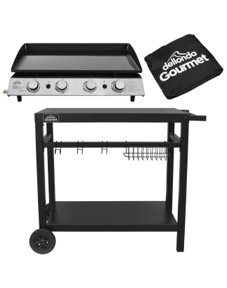 Dellonda 4 Burner Portable Gas Plancha 10kW BBQ Griddle, Stainless Steel, Supplied with Water Resistant Cover & Trolley