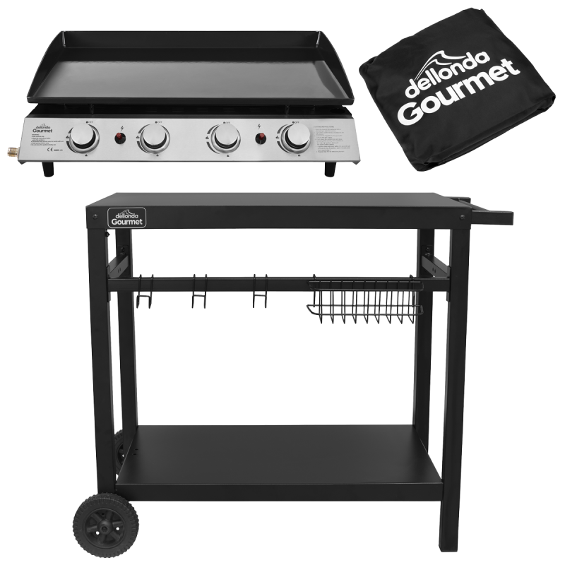 Dellonda 4 Burner Portable Gas Plancha 10kW BBQ Griddle, Stainless Steel, Supplied with Water Resistant Cover & Trolley