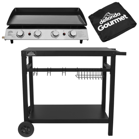 Dellonda 4 Burner Portable Gas Plancha 10kW BBQ Griddle, Stainless Steel, Supplied with Water Resistant Cover & Trolley