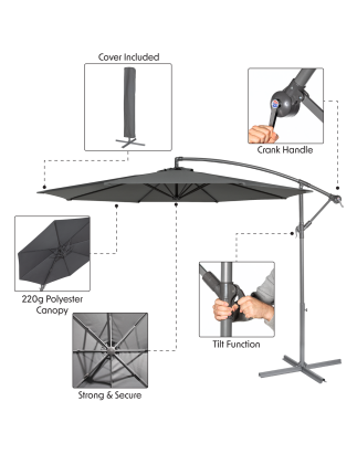 Dellonda Ø3m Banana Parasol/Umbrella for Garden, Patio with Crank Handle, 8 Ribs and Cover, Grey Canopy