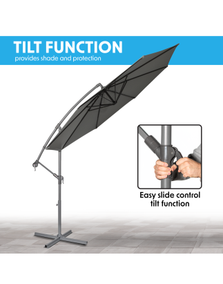 Dellonda Ø3m Banana Parasol/Umbrella for Garden, Patio with Crank Handle, 8 Ribs and Cover, Grey Canopy