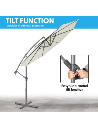 Dellonda Ø3m Banana Parasol/Umbrella for Garden, Patio with Crank Handle, 8 Ribs and Cover, Cream Canopy