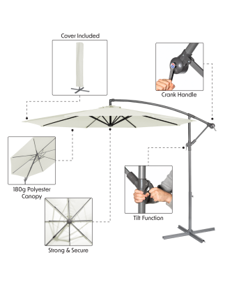 Dellonda Ø3m Banana Parasol/Umbrella for Garden, Patio with Crank Handle, 8 Ribs and Cover, Cream Canopy