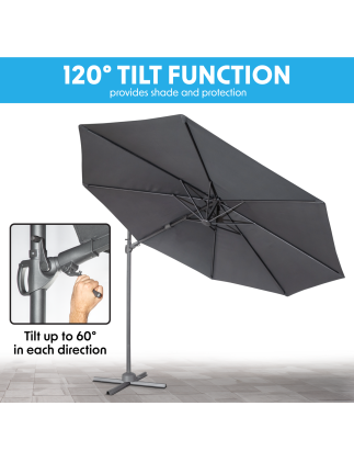 Dellonda Parasol/Parapluie Cantilever de Jardin/Patio Ø3m avec Manivelle, Inclinable, Rotation 360° et Couvercle, Gris