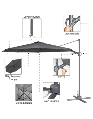 Dellonda Ø3m Garden/Patio Cantilever Parasol/Umbrella with Crank Handle, Tilt, 360° Rotation and Cover, Grey