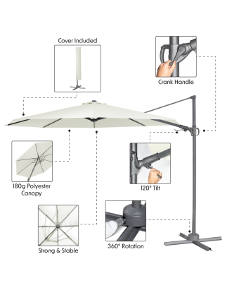 Dellonda Parasol/Parapluie Cantilever de Jardin/Patio Ø3m avec Manivelle, Rotation 360°, Inclinaison et Couvercle, Crème