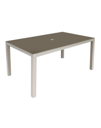 Dellonda Fusion Table de jardin en verre et aluminium avec trou pour parasol Gris clair