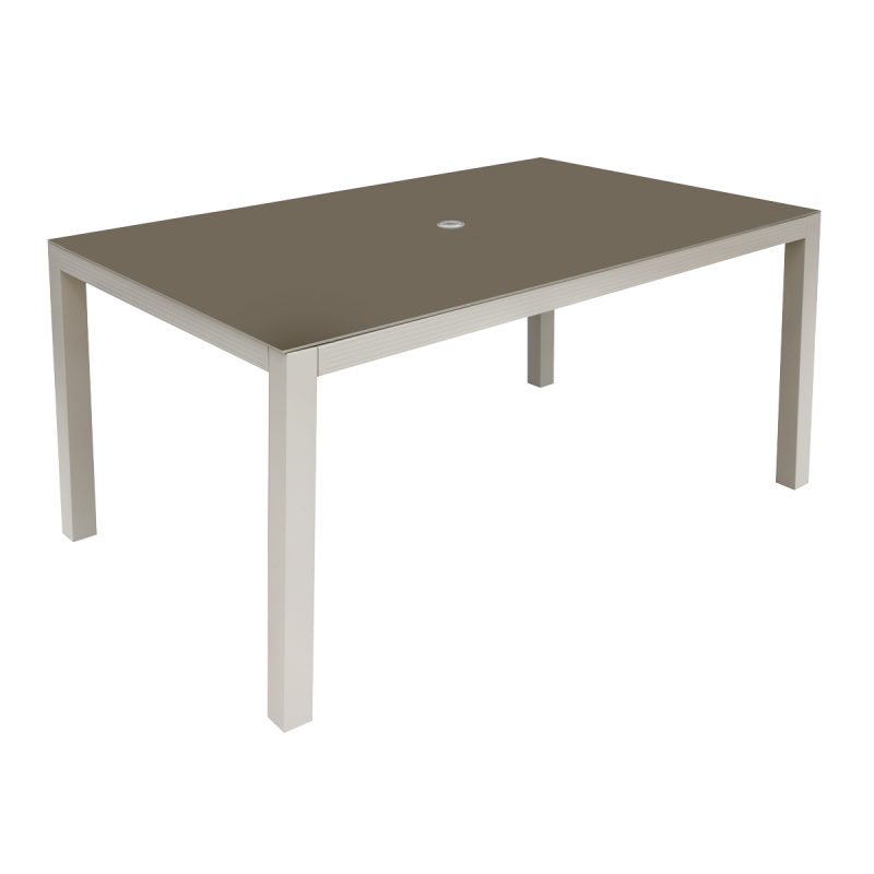 Dellonda Fusion Table de jardin en verre et aluminium avec trou pour parasol Gris clair