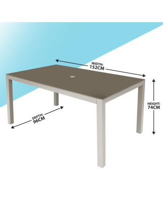 Dellonda Fusion Table de jardin en verre et aluminium avec trou pour parasol Gris clair