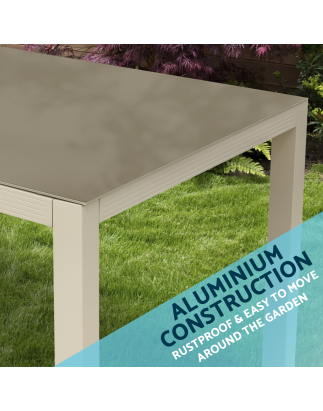 Dellonda Fusion Table de jardin en verre et aluminium avec trou pour parasol Gris clair