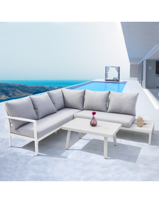 Dellonda Kyoto White 3-Piece Outdoor Garden Corner Sofa & Coffee Table Set