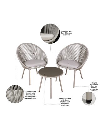 Dellonda Como Ensemble bistro 3 pièces en acier avec plateau en verre trempé