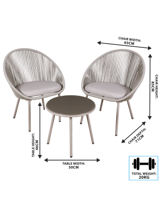 Dellonda Como 3-Piece Steel Bistro Set with Tempered Glass Top