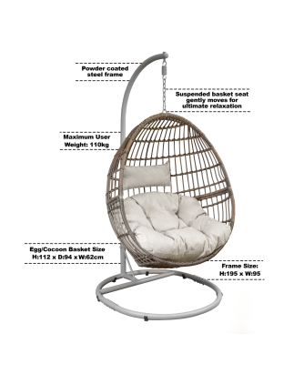 Dellonda Egg Hanging Swing Chair, Wicker Rattan Basket, Steel Frame, Single