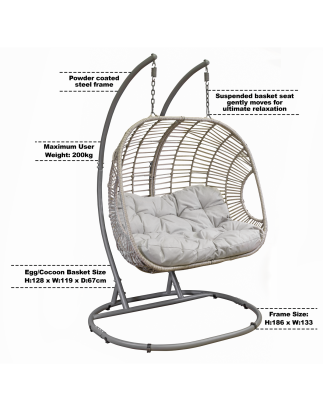 Dellonda Egg Hanging Swing Chair, Wicker Rattan Basket, Steel Frame, Double