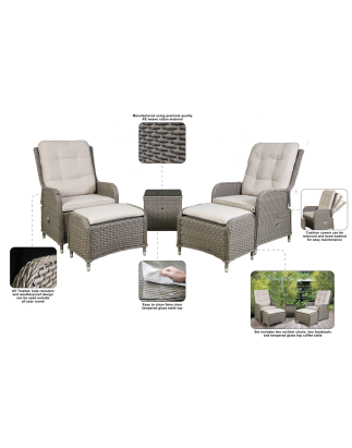 Dellonda Chester Rattan Wicker Outdoor Recliner Seat & Coffee Table Set, Brown