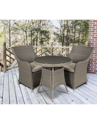 Dellonda Chester 3 Piece Rattan Wicker Outdoor Dining Set with Tempered Glass Table Top, Brown