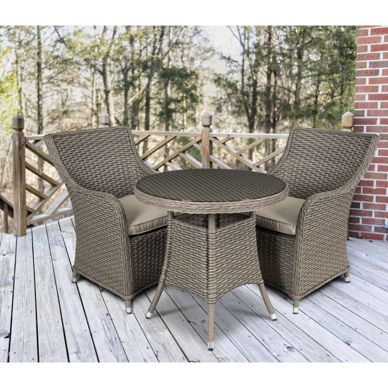 Dellonda Chester 3 Piece Rattan Wicker Outdoor Dining Set with Tempered Glass Table Top, Brown