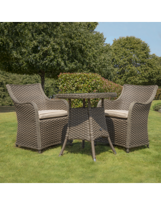 Dellonda Chester 3 Piece Rattan Wicker Outdoor Dining Set with Tempered Glass Table Top, Brown