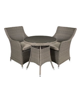 Dellonda Chester 3 Piece Rattan Wicker Outdoor Dining Set with Tempered Glass Table Top, Brown