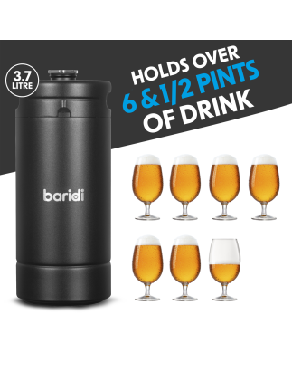 Baridi Growler Keg 4L, noir mat adapté aux boissons gazeuses et à la bière - DH101