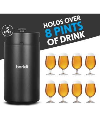 Baridi Growler Keg 5L, noir mat adapté aux boissons gazeuses et à la bière - DH104