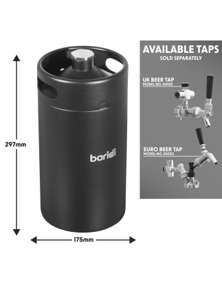 Baridi Growler Keg 5L, noir mat adapté aux boissons gazeuses et à la bière - DH104