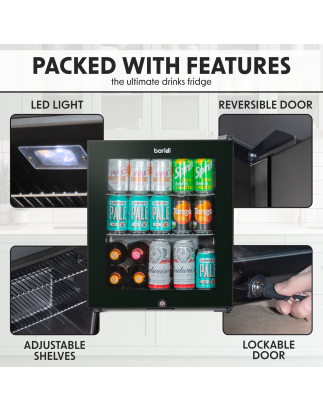 Baridi 50L Tabletop Beer & Drinks Mini Fridge with Light 3-10°C - Black & Glass