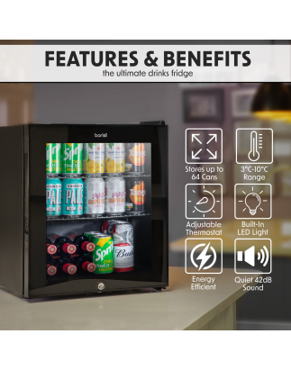 Baridi 50L Tabletop Beer & Drinks Mini Fridge with Light 3-10°C - Black & Glass