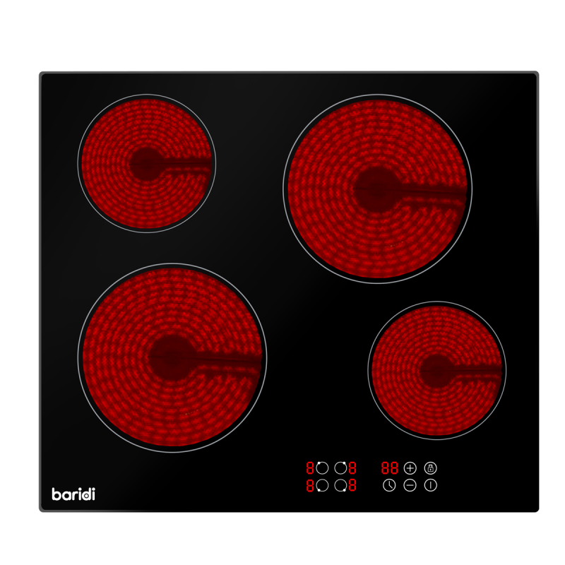 Baridi 60cm Built-In Ceramic Hob 4 Cooking Zones, Black Glass, 6000W with Touch Controls, Timer