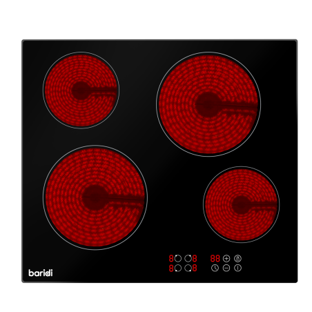 Baridi 60cm Built-In Ceramic Hob 4 Cooking Zones, Black Glass, 6000W with Touch Controls, Timer