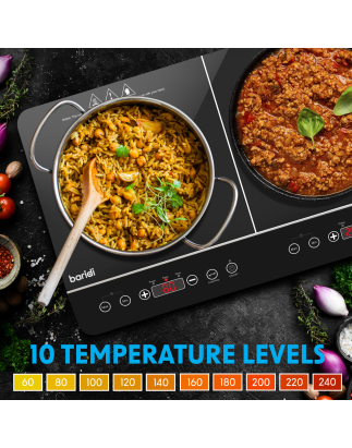 Table de cuisson à induction portable Baridi : table de cuisson à deux zones avec prise 13 A, 2 800 W, 10 réglages de puissance,