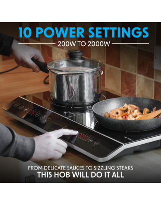 Baridi Portable Induction Hob: Two Zone Cooktop with 13A Plug, 2800W, 10 Power Settings, Touch Controls, 3-Hour Timer Function, 