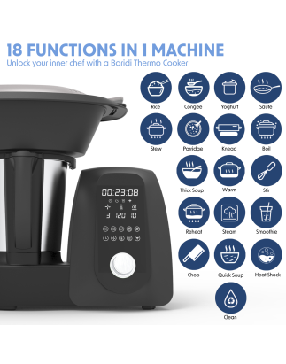 Thermo-cuiseur tout-en-un Baridi, 18 fonctions prédéfinies, recettes guidées par application, noir