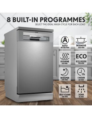 Baridi Slimline Freestanding Dishwasher, 45cm Wide with 10 Place Settings, 8 Programs & 5 Functions, LED Display, Silver