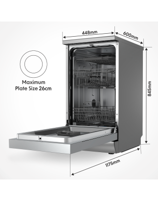 Baridi Slimline Freestanding Dishwasher, 45cm Wide with 10 Place Settings, 8 Programs & 5 Functions, LED Display, Silver