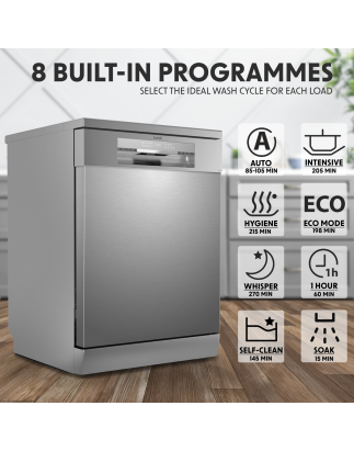 Baridi Freestanding Dishwasher, Full Size, Standard 60cm Wide with 14 Place Settings, 8 Programs & 5 Functions, LED Display, Sil