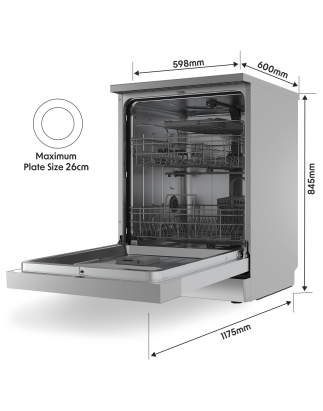 Baridi Freestanding Dishwasher, Full Size, Standard 60cm Wide with 14 Place Settings, 8 Programs & 5 Functions, LED Display, Sil