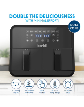 Baridi Dual Zone Air Fryer 8L with 8-in-1 Functions Touch Controls, Easy-Clean, Black - DH172