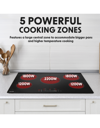 Baridi 77cm Built-In Ceramic Hob with 5 Cooking Zones, Black Glass, 8200W with Slider Touch Controls, Timer