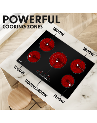 Baridi 77cm Built-In Ceramic Hob with 5 Cooking Zones, Black Glass, 8200W with Slider Touch Controls, Timer